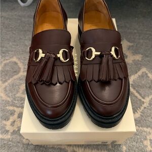 Sezane Brown Leather Flats with Fringe and Platform Sole